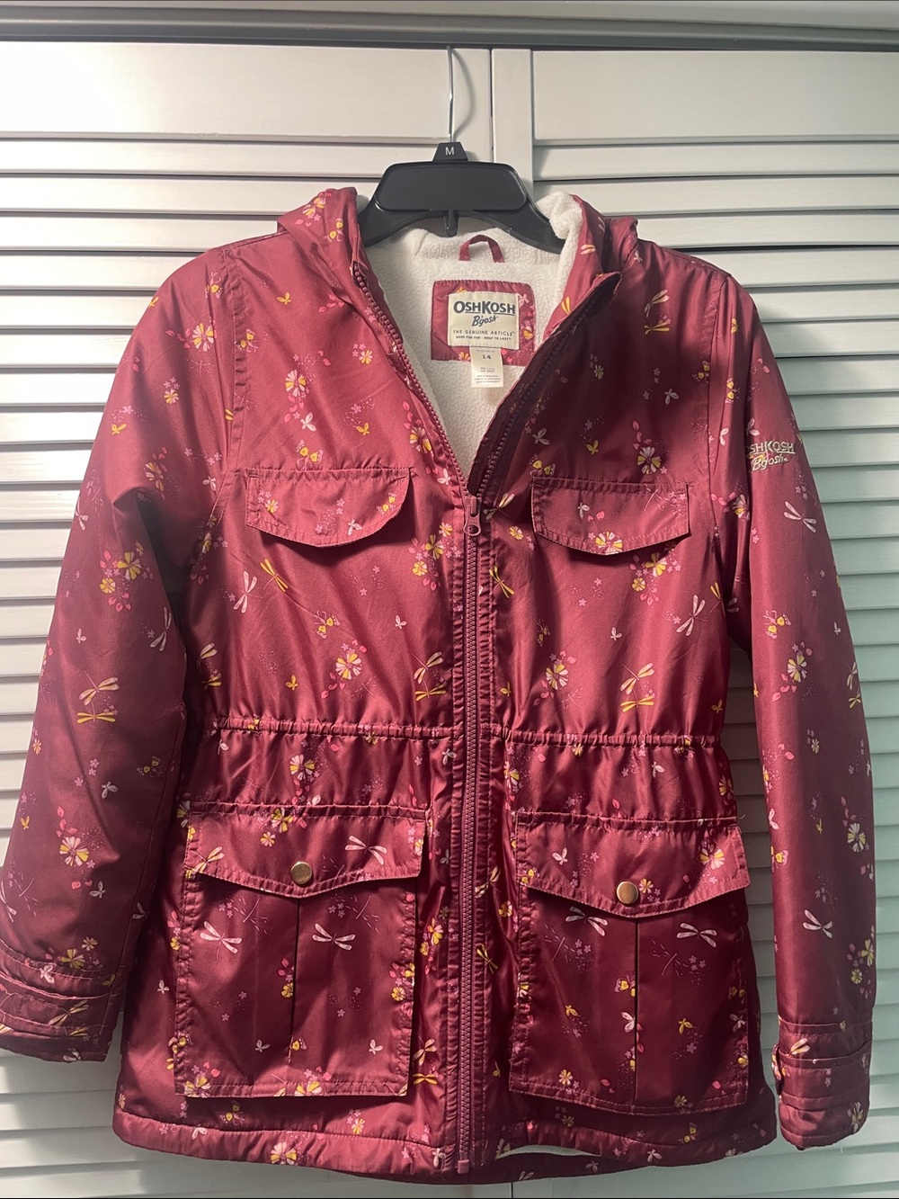 OshKosh B'gosh Girls Floral Hooded Jacket - Maroon with Yellow Accents